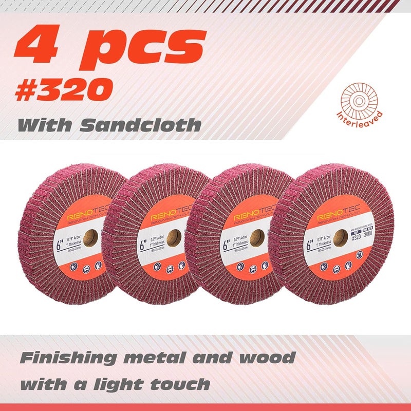 RENOTEC 6 Inch Flap Wheel, Non-Woven Abrasive Polishing Wheel, 1 Inch Thickness, 3/4 Inch Arbor, for Bench Grinder (4 Pcs Grit320 SP) - Image 3